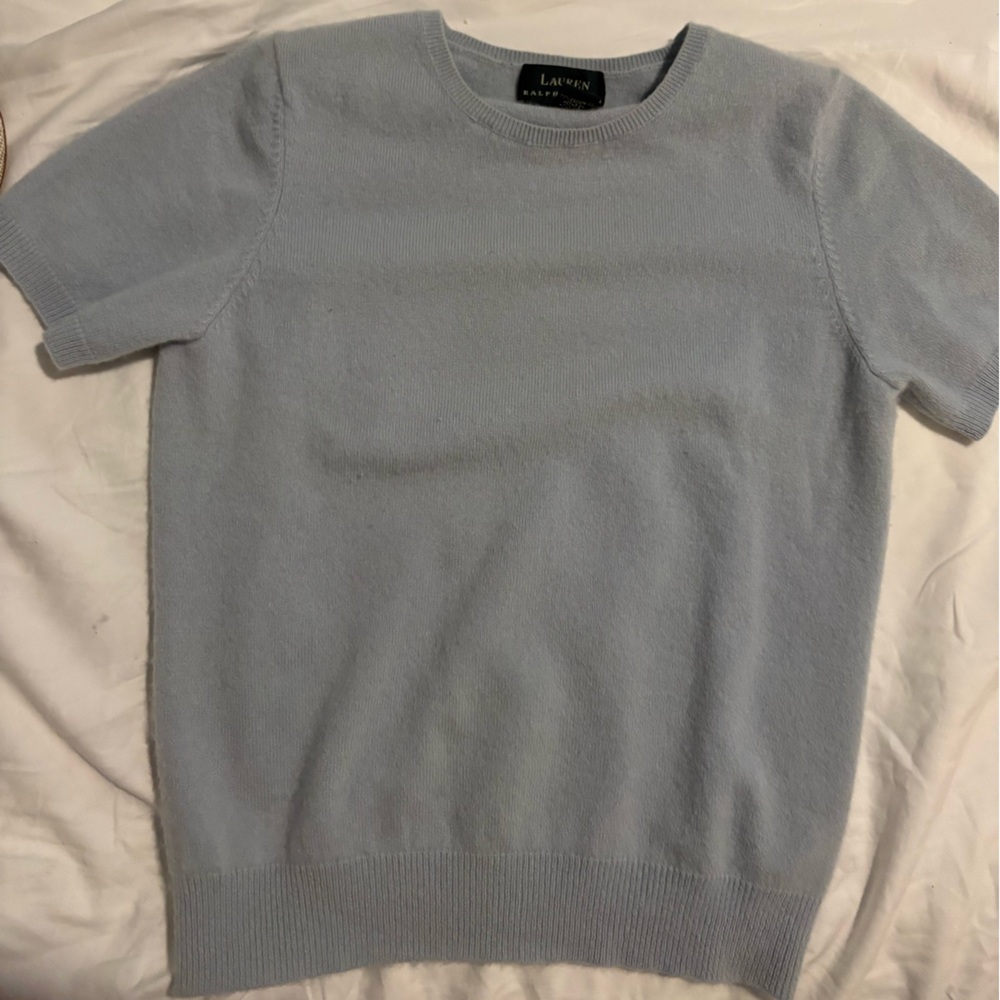 Ralph Lauren Cashmere Sweater Small Womens light Blue Short Sleeve petite